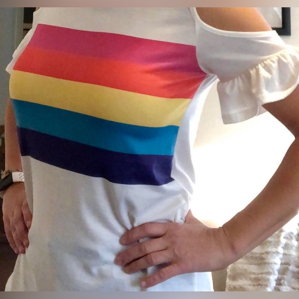 Very cute, like new, Bibi rainbow top with cutout shoulders.  Size S.
